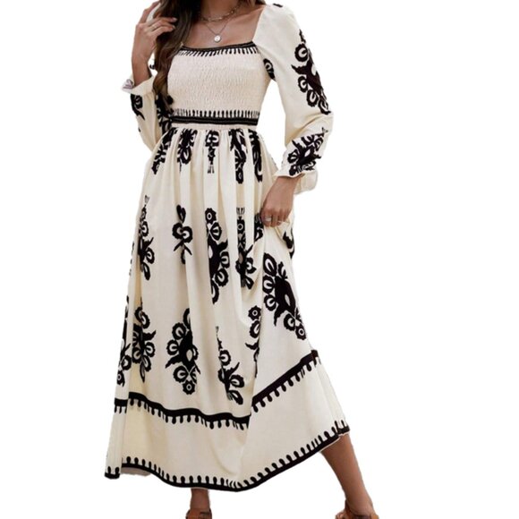 NEW Boho Print Lantern Sleeve Maxi Dress in Cream / Black Size S NWOT - Picture 1 of 12